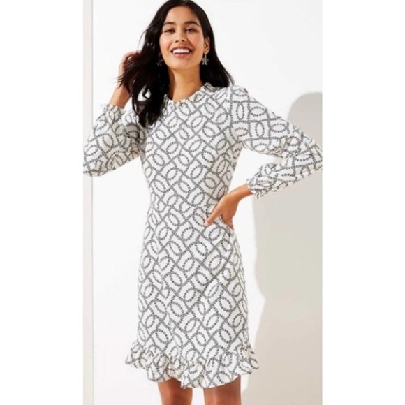 LOFT Dresses & Skirts - Loft Ruffle Flare Dress White Black Floral Long Sleeve Ruffle Hem size 8 #1094